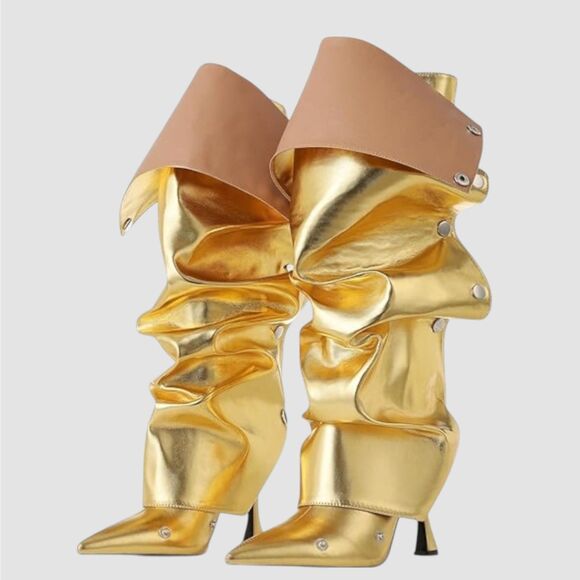 Vampy Bratty Iridescent Gold Fold Over Flap Detachable Button Studded Boots 8.5 - Picture 1 of 8